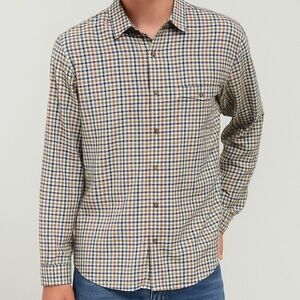 NSF tan & blue checkered button down shirt
